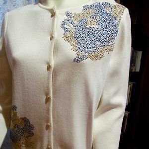 St. John Ivory Button Down Sweater Size M Blue and Gold Embellishments